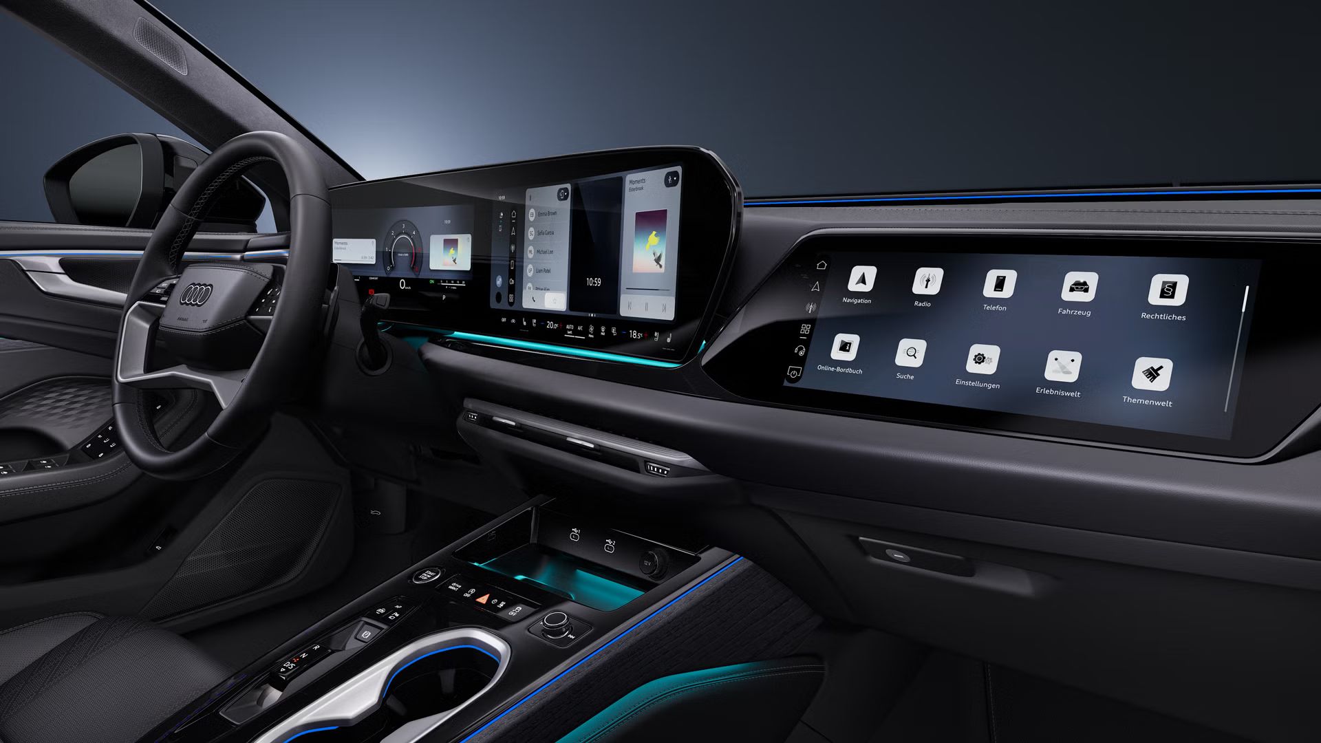 Seitliche Nahaufnahme des Cockpits des Audi A6 allroad mit Fokus auf das Lenkrad und die digitalen Displays.
