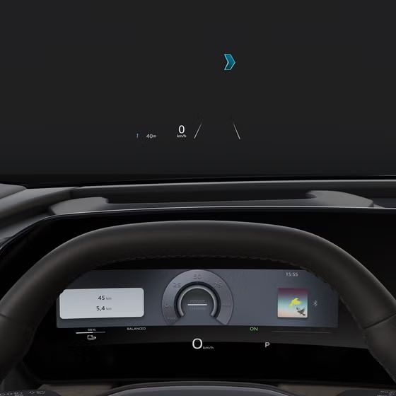 Nahaufnahme des Augmented-Reality-Head-up-Display auf der Windschutzscheibe des Q4 SUV e-tron.